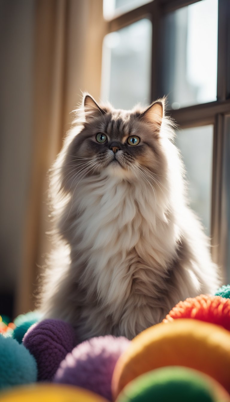 A fluffy Persian cat sits on a cushioned window ledge, sunlight streaming in, surrounded by colorful toys and a soft blanket