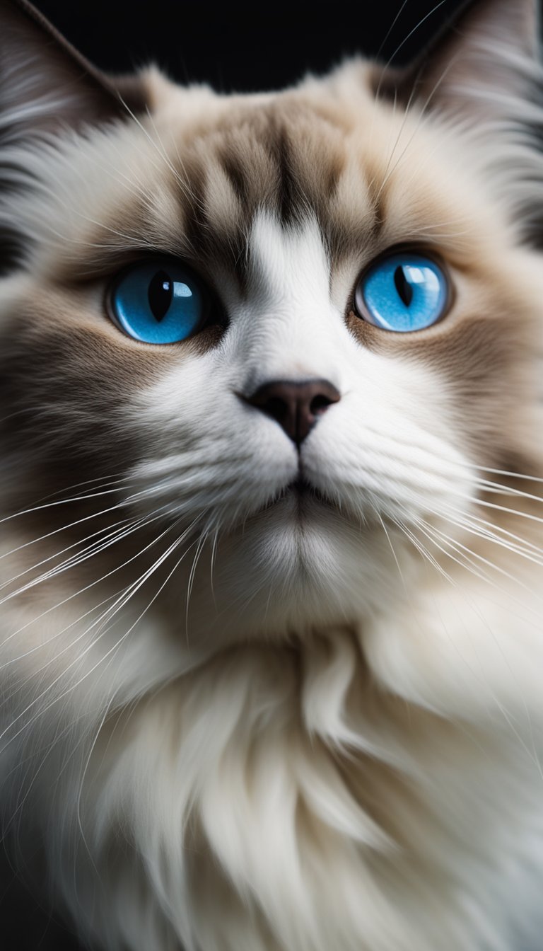 A fluffy Ragdoll cat poses gracefully with a serene expression, showcasing its distinctive blue eyes and colorpoint coat