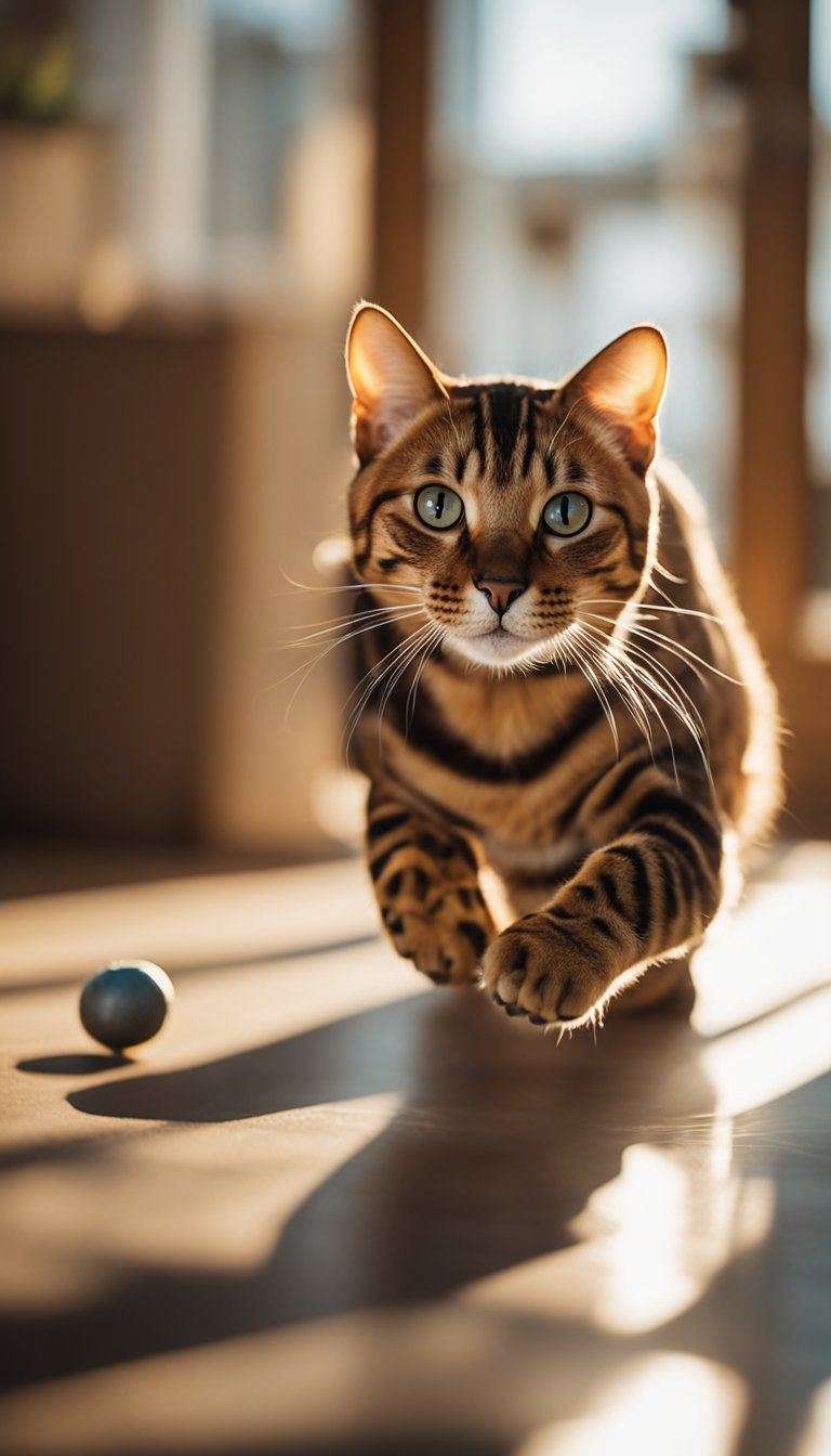 A Bengal cat playing with a toy mouse in a sunlit room