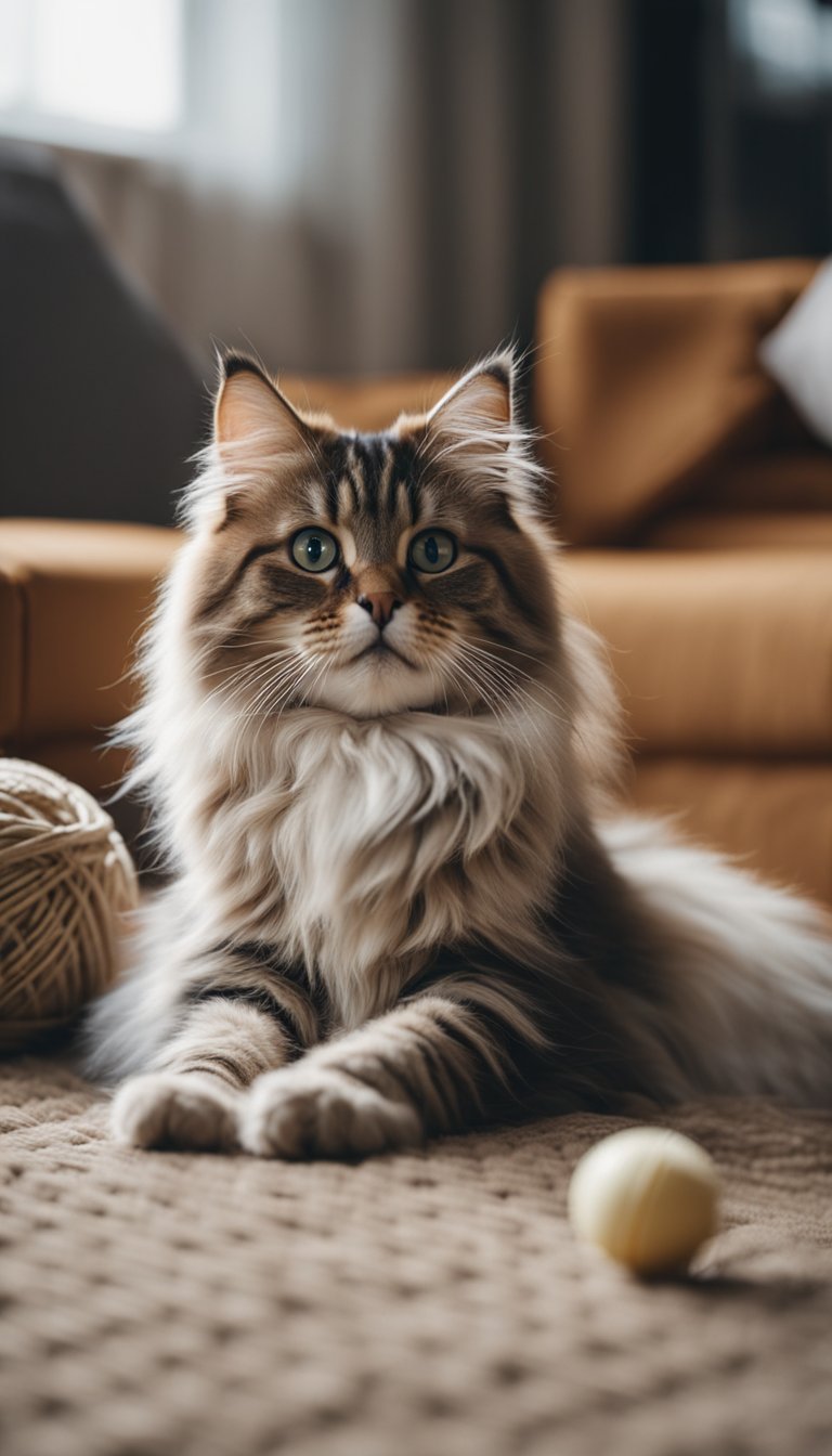 A fluffy Siberian cat playing with a ball of yarn in a cozy living room