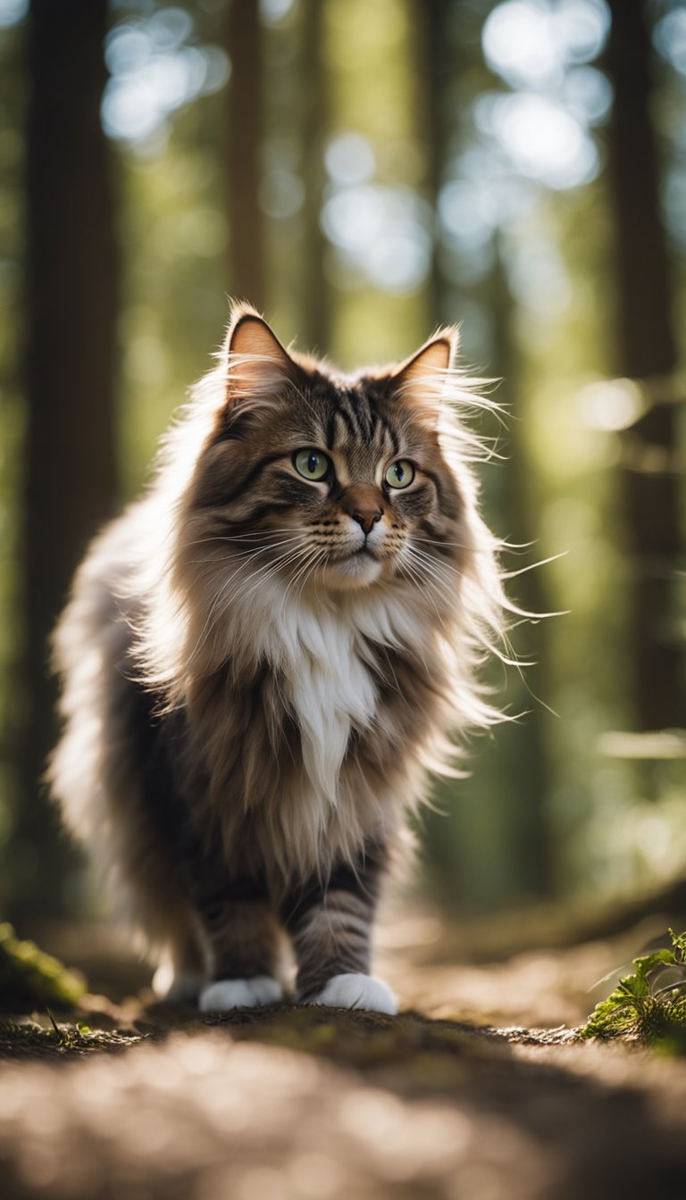 A fluffy Norwegian Forest cat plays in a sunlit forest clearing