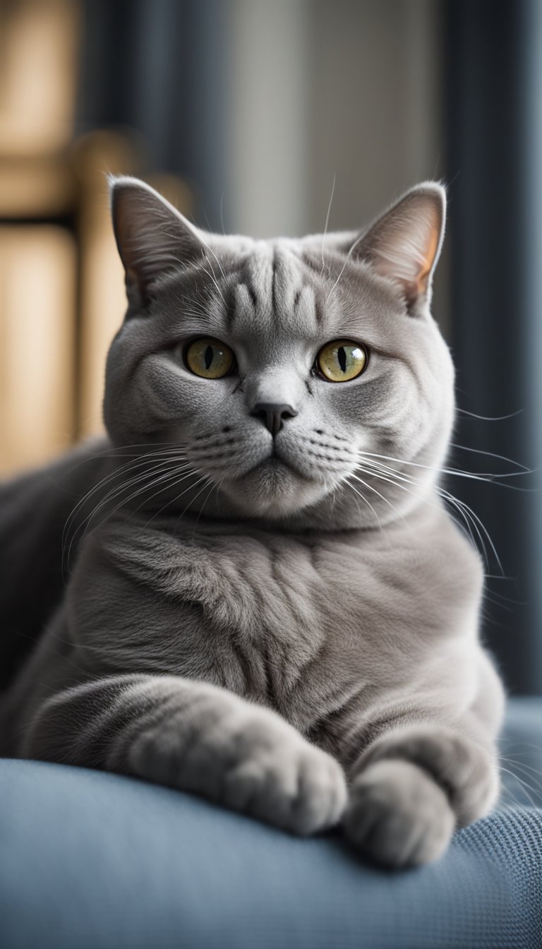 A British Shorthair cat lounging on a soft cushion, looking up with round, expressive eyes