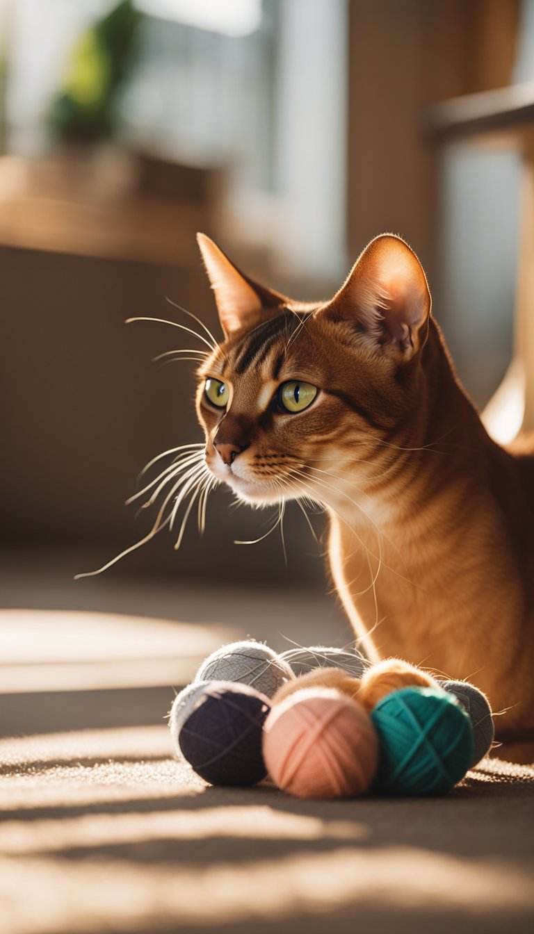 An Abyssinian cat playing with a ball of yarn in a sunlit room