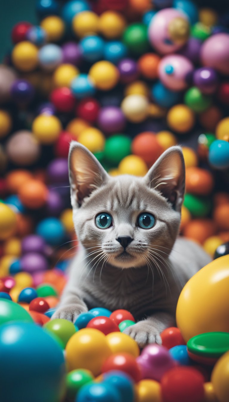 A playful Burmese kitten with bright eyes and a sleek coat sits among a pile of colorful toys, looking up with curiosity