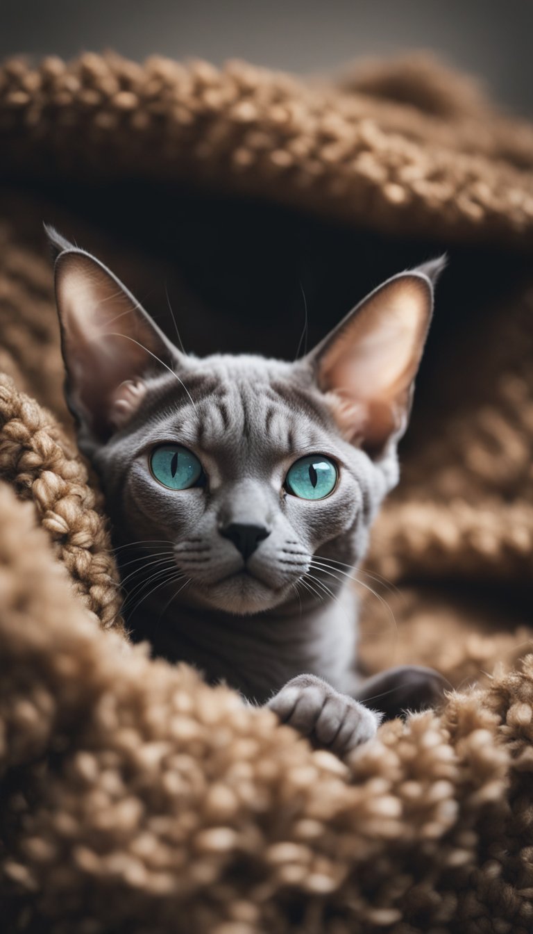 A Devon Rex cat lounging on a cozy blanket, with its large ears and short curly fur on display