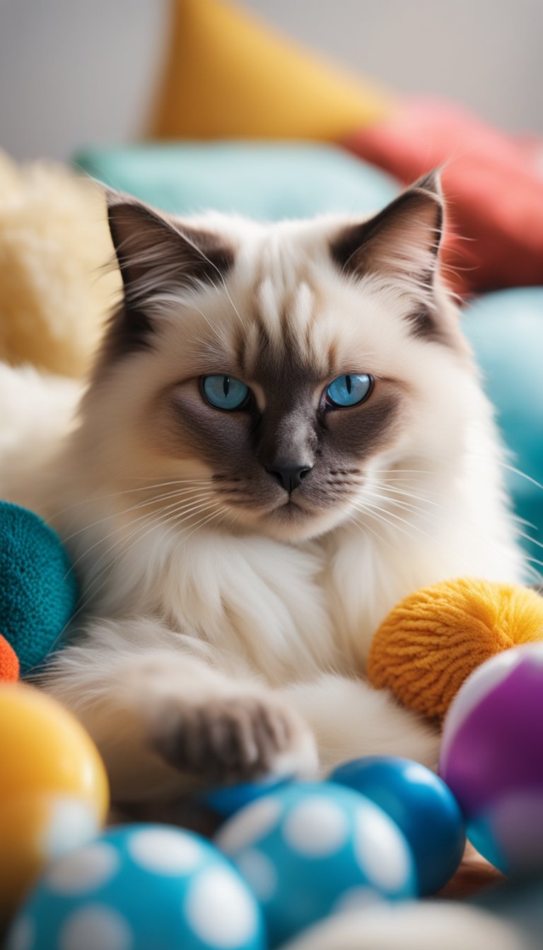A fluffy Birman cat lounging in a sunbeam, surrounded by colorful toys and a cozy blanket