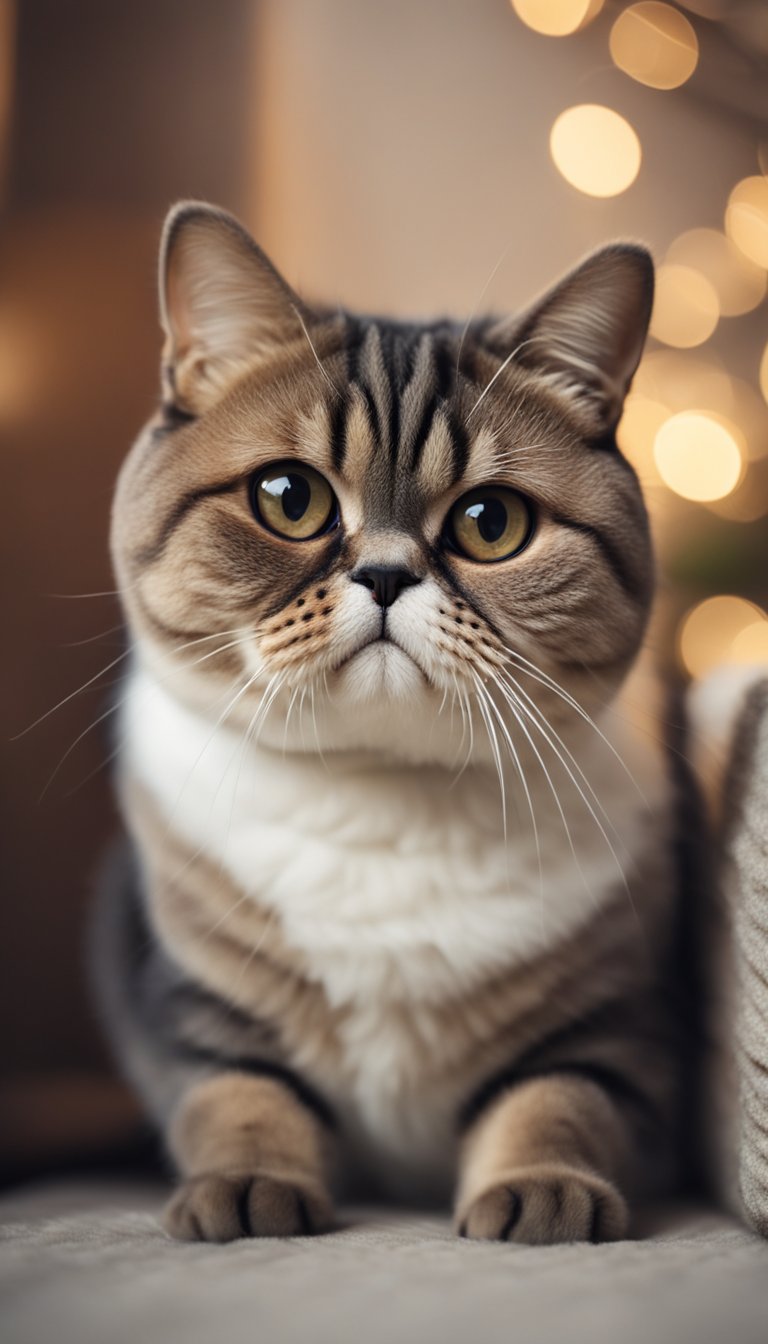 An Exotic Shorthair cat with big round eyes and a flat face, sitting in a cozy corner with a playful expression