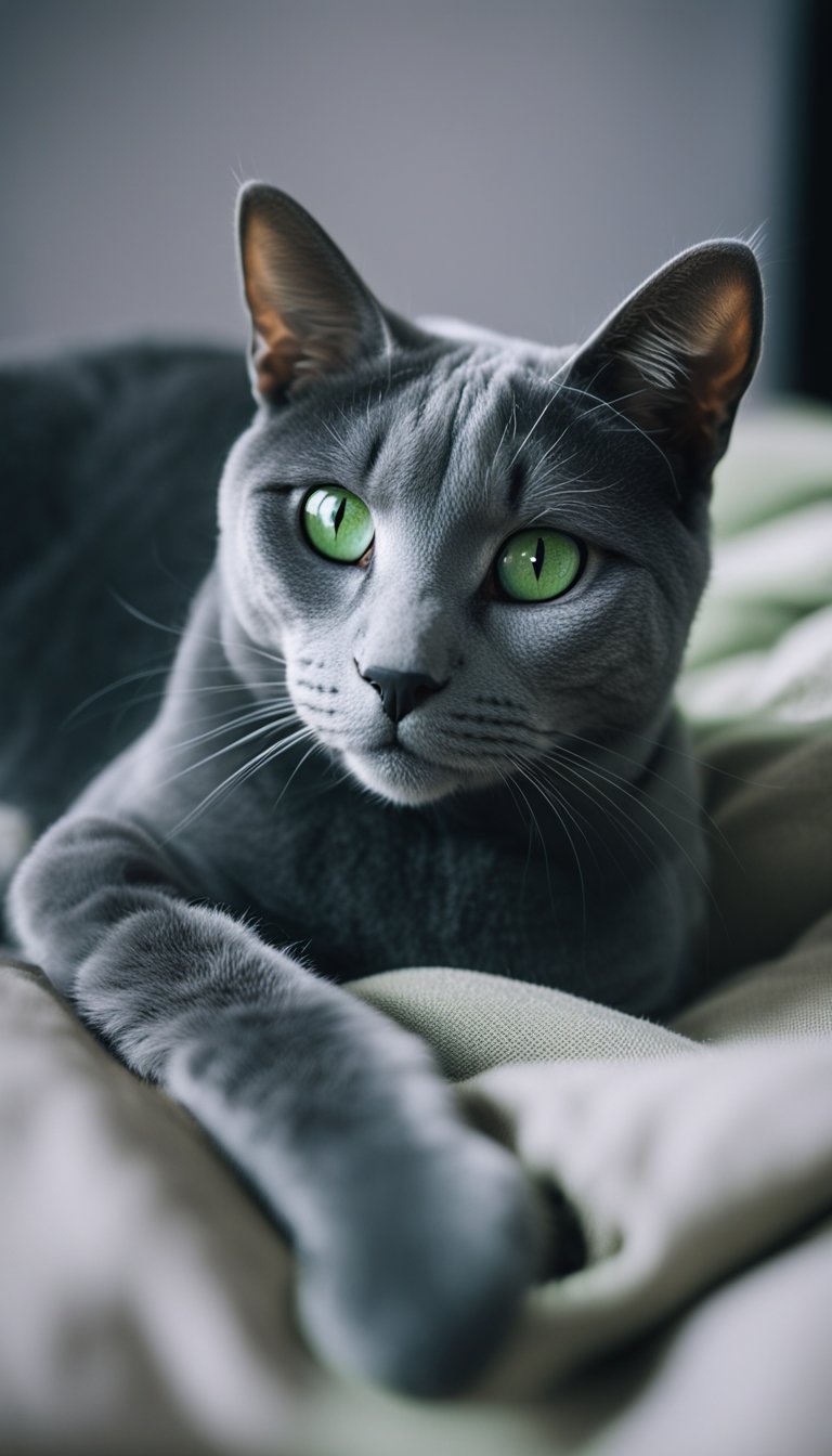 A Russian Blue cat lounges on a soft pillow, its bright green eyes gazing off into the distance, its sleek grey fur catching the light
