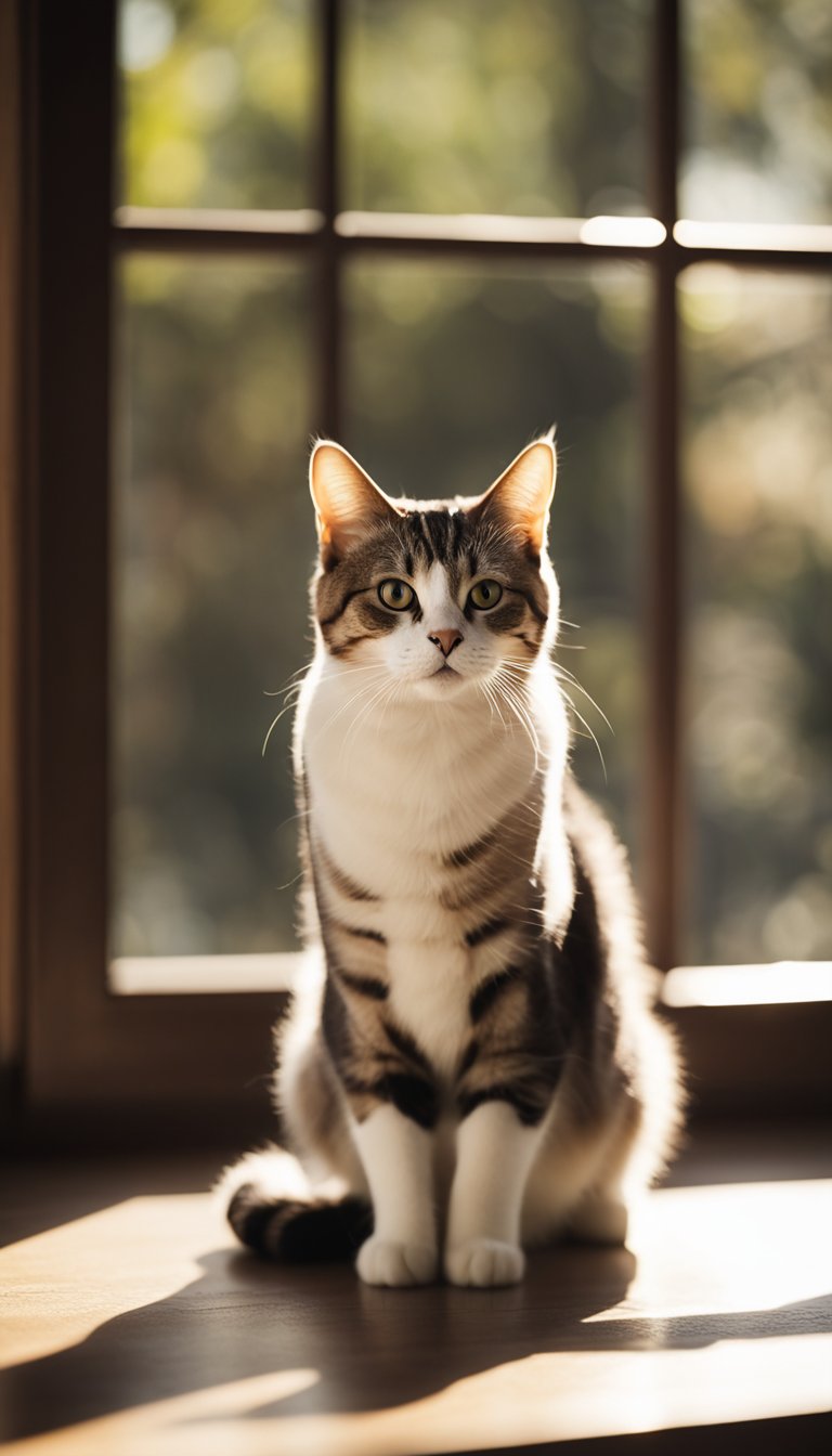 An American Shorthair cat sitting on a windowsill, with sunlight streaming in and casting a warm glow on its fur