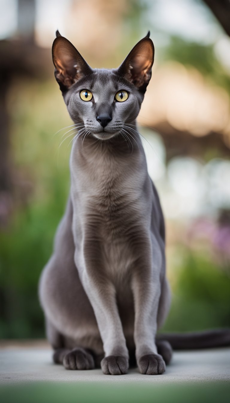 An Oriental Shorthair cat with large ears and almond-shaped eyes, sitting gracefully with a curious and alert expression