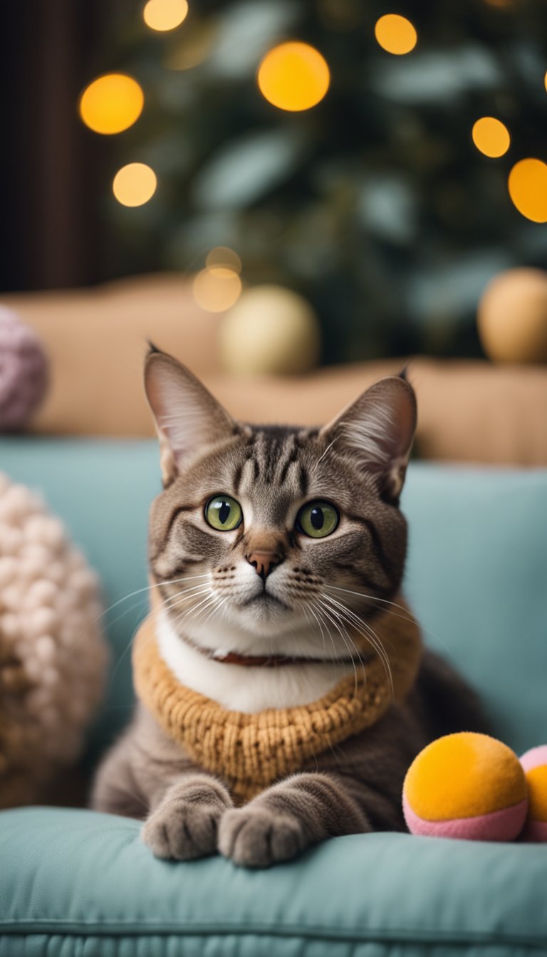 A Singapura cat sits on a cushion, surrounded by toys and a cozy blanket, with a playful expression on its face