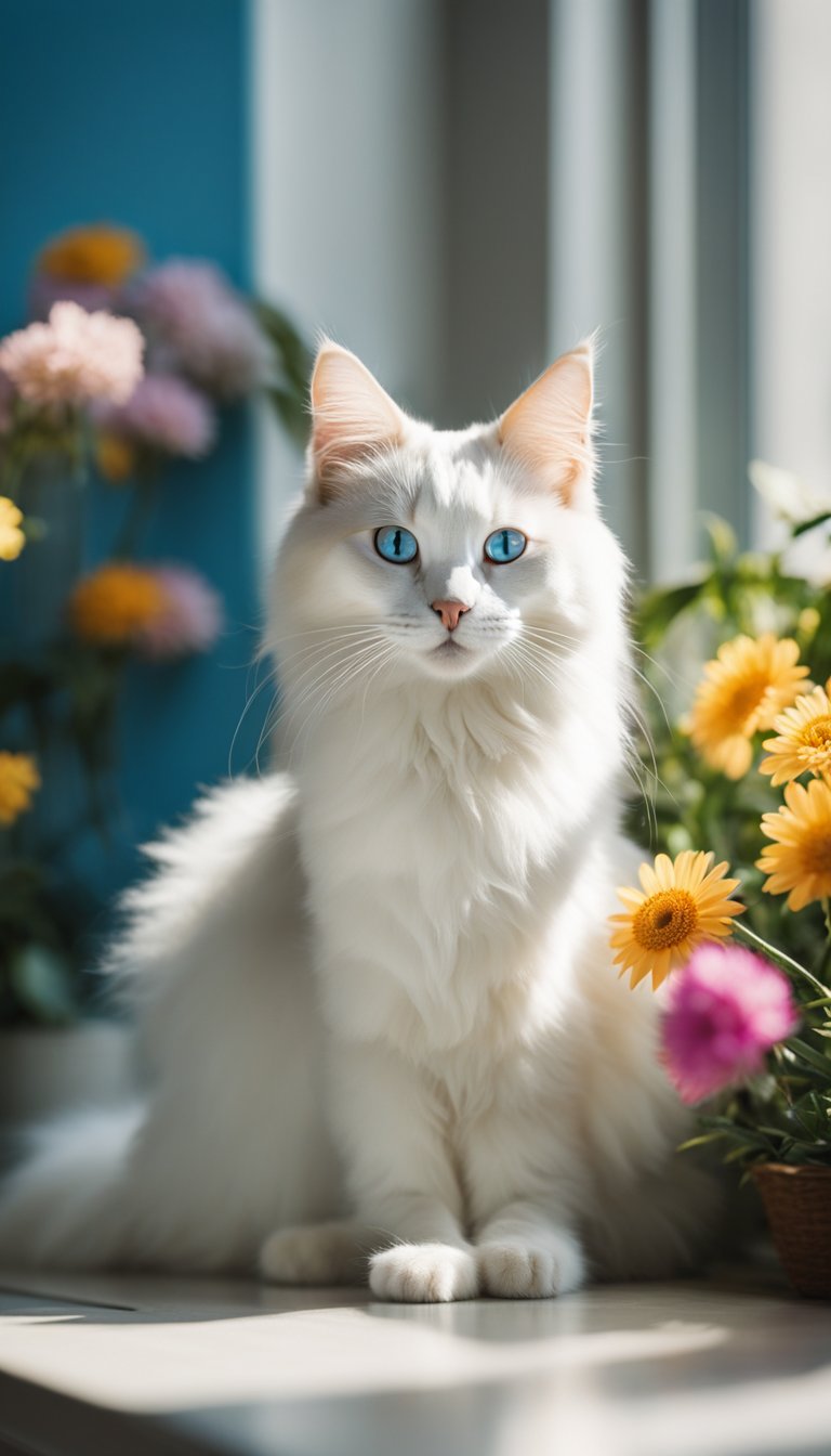 A Turkish Angora cat with striking blue eyes lounging in a sunlit window, surrounded by colorful flowers