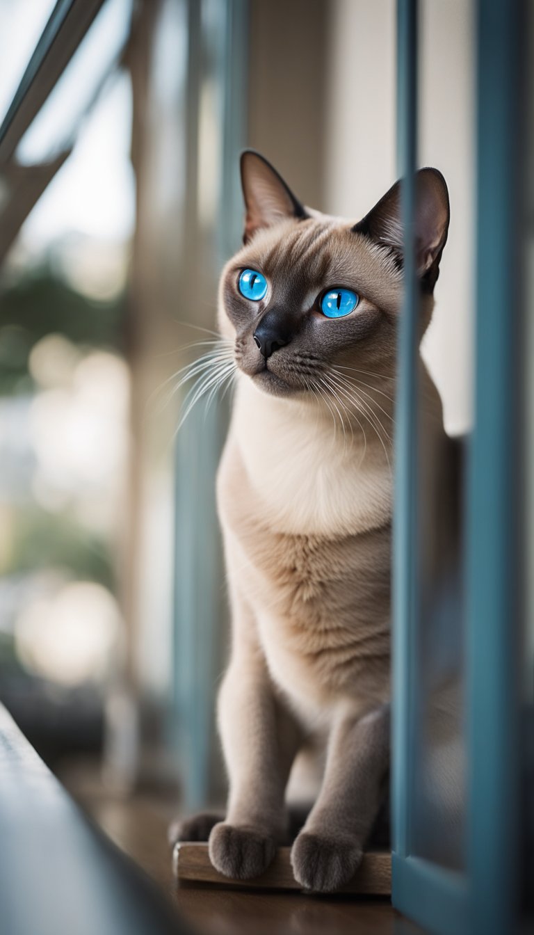 A playful Tonkinese cat with striking blue eyes, sleek fur, and a slender build, perched on a windowsill, gazing out at the world with curiosity