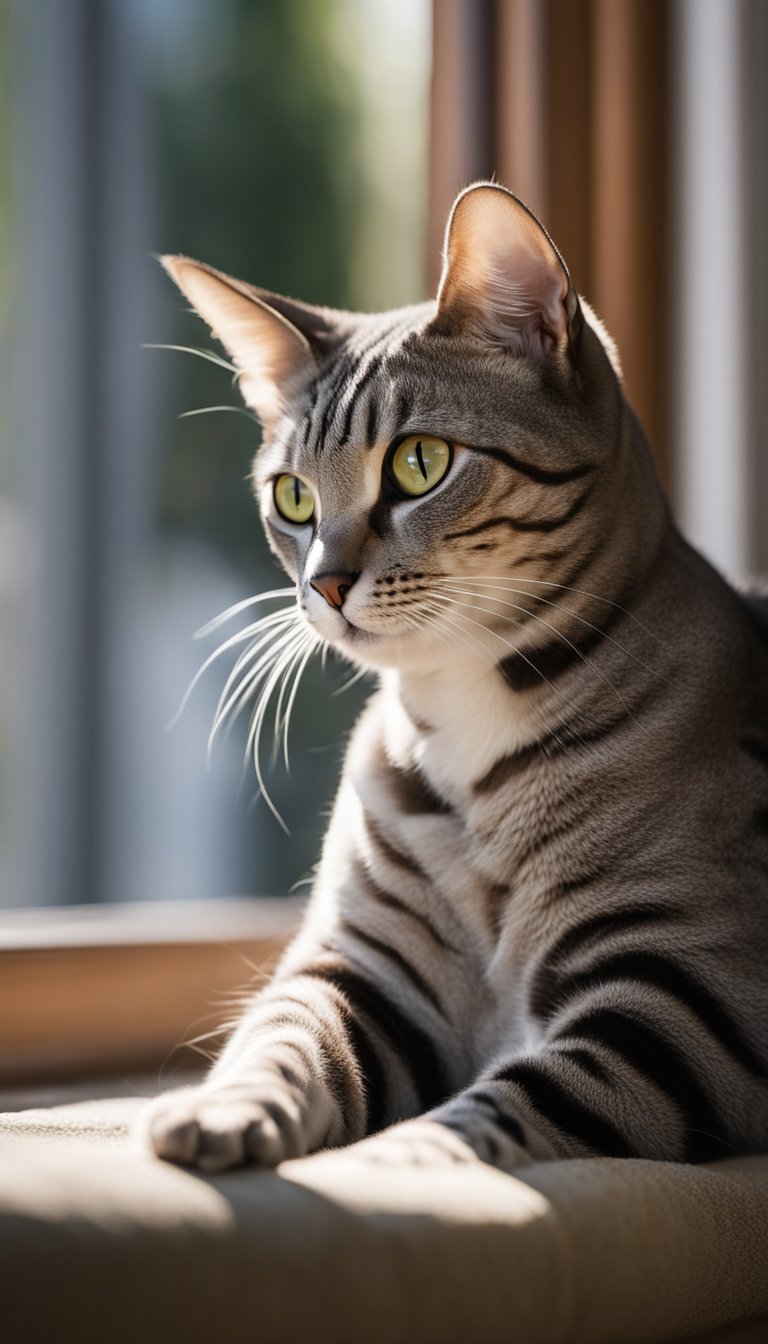 An Egyptian Mau cat lounging on a sunlit windowsill, with a regal and elegant posture, gazing out at the world with bright, alert eyes