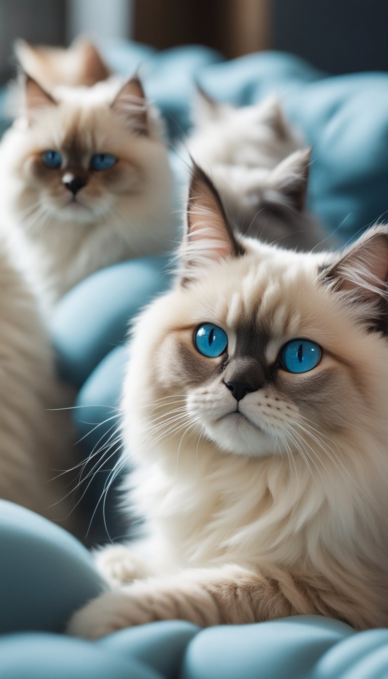 A group of Himalayan cats lounging together, their fluffy fur and striking blue eyes making them stand out as some of the cutest cat breeds