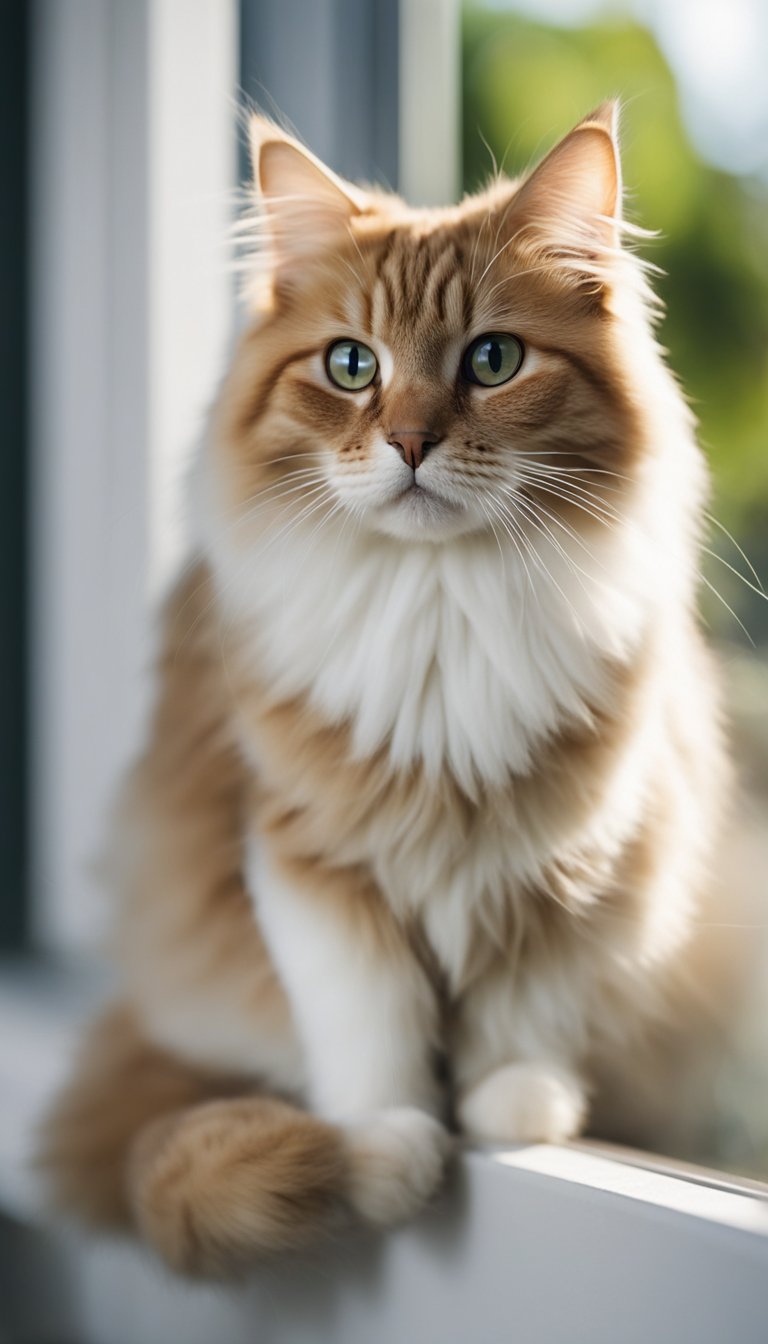 A fluffy Manx cat with a short tail sits on a windowsill, gazing outside at the sunny day
