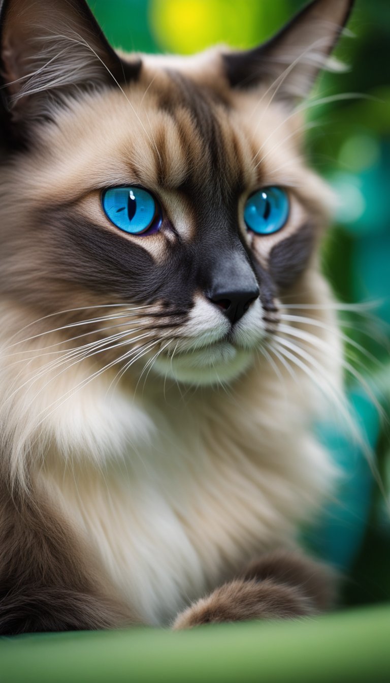 A playful Balinese cat with striking blue eyes and long, silky fur sits gracefully on a colorful woven mat, surrounded by tropical foliage
