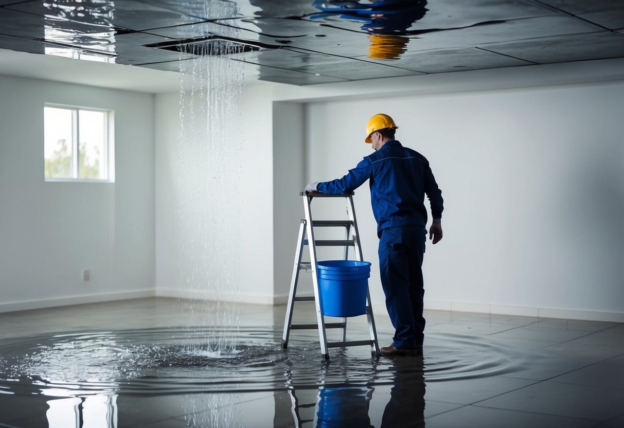 Water dripping from ceiling onto floor, bucket placed to catch it. Maintenance worker setting up ladder to inspect and repair interfloor leakage