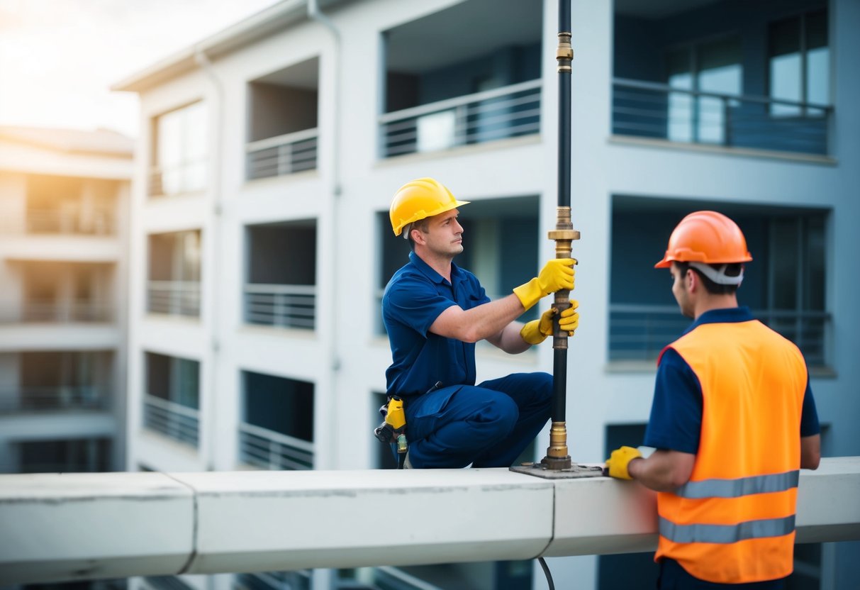 A maintenance worker repairing a leaky pipe in a multi-level building, while another worker inspects the surrounding area for damage