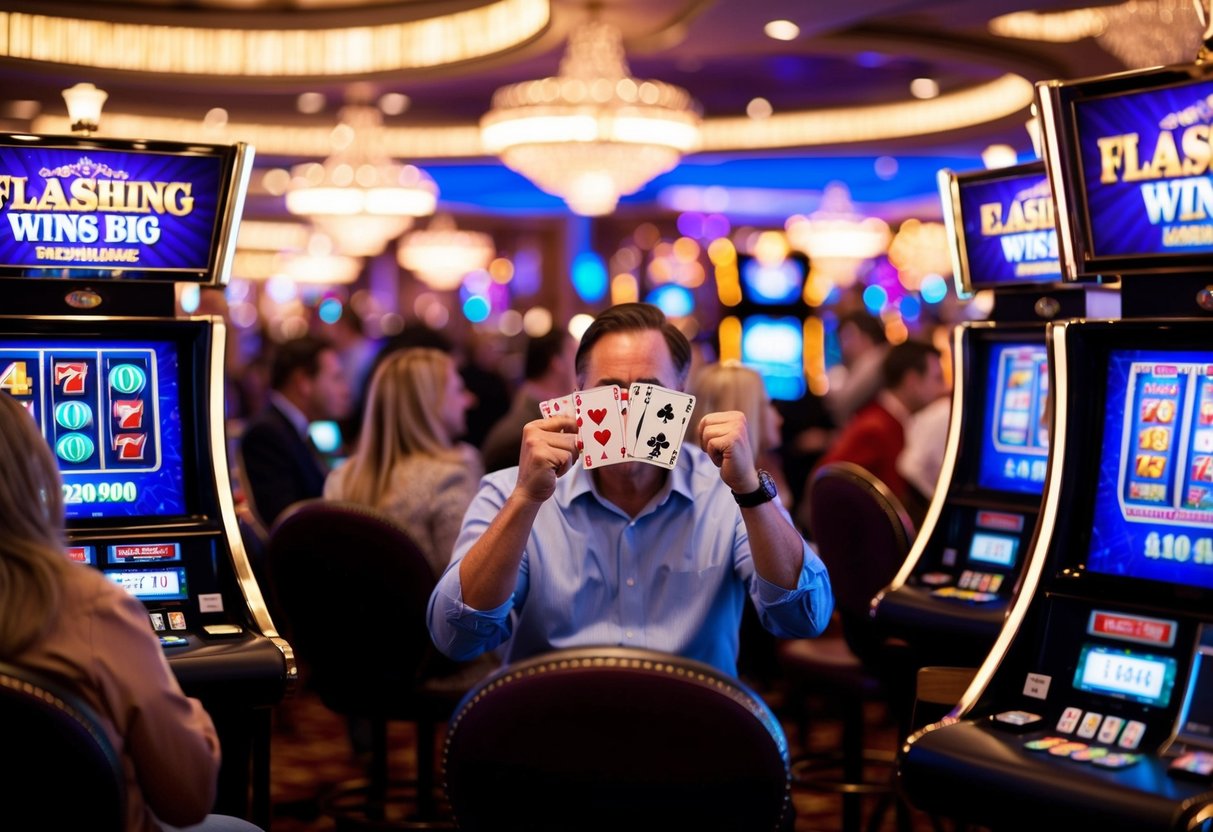 A crowded casino with flashing lights and slot machines, as a player wins big in Vegas style