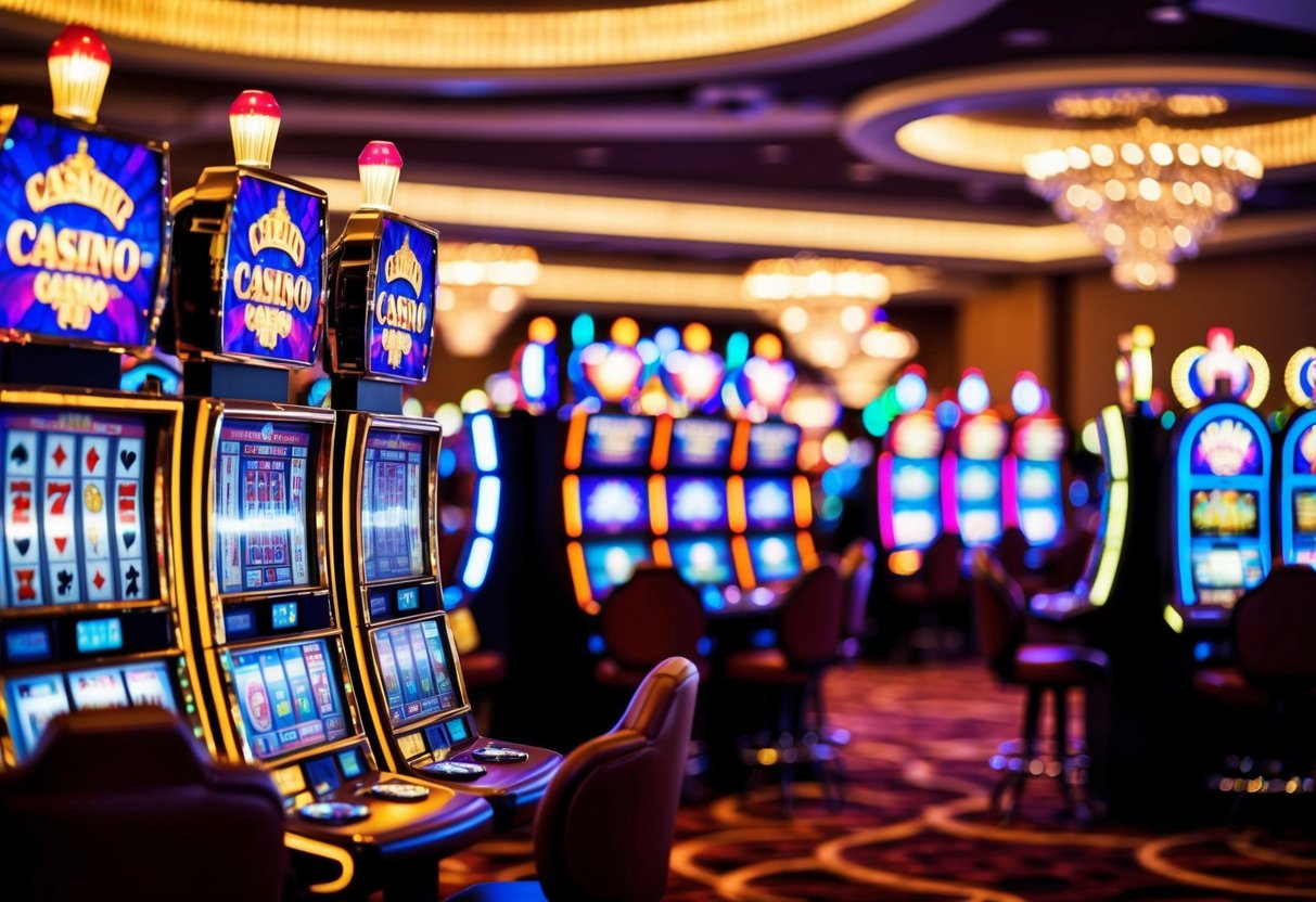 The bustling casino floor is adorned with bright lights and colorful slot machines, with the sound of clinking coins and excited chatter filling the air