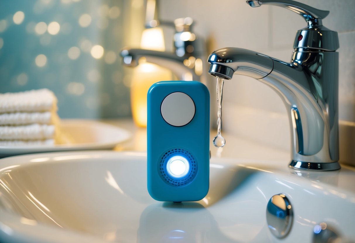 A water leak detector placed near a dripping faucet in a dimly lit bathroom