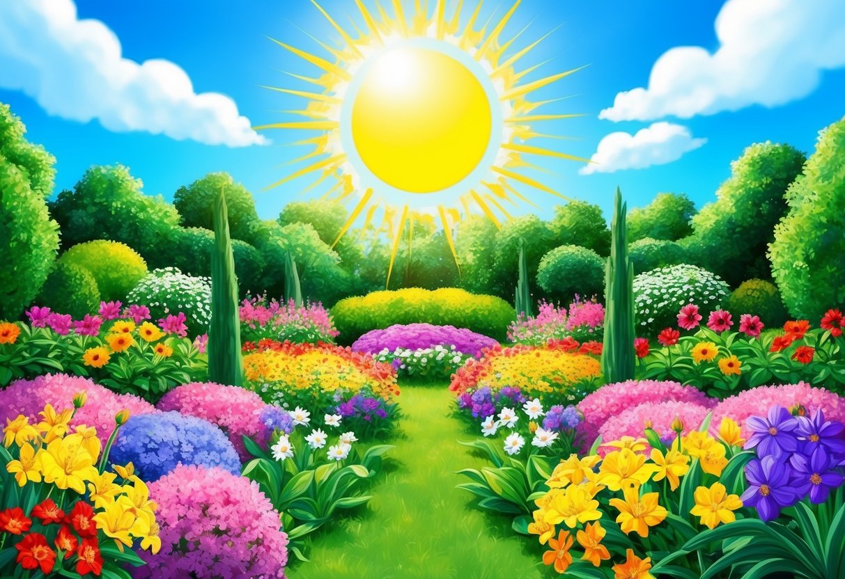 A vibrant garden with colorful flowers blooming under a bright sun, surrounded by lush greenery and clear blue skies