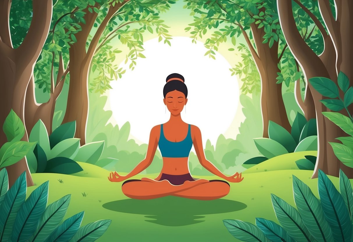 A person meditating in a peaceful, natural setting surrounded by greenery and sunlight