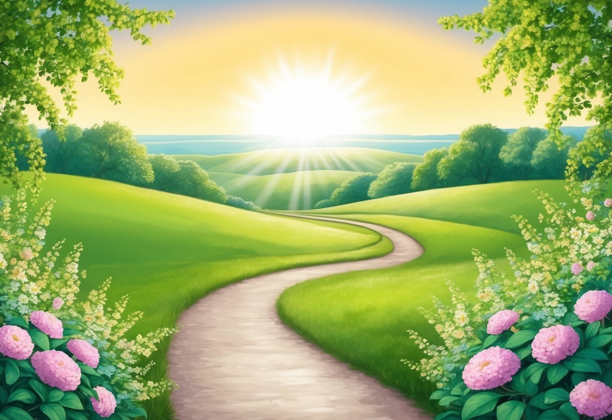 A serene landscape with a winding path leading towards a bright, sunlit horizon, surrounded by blooming flowers and lush greenery