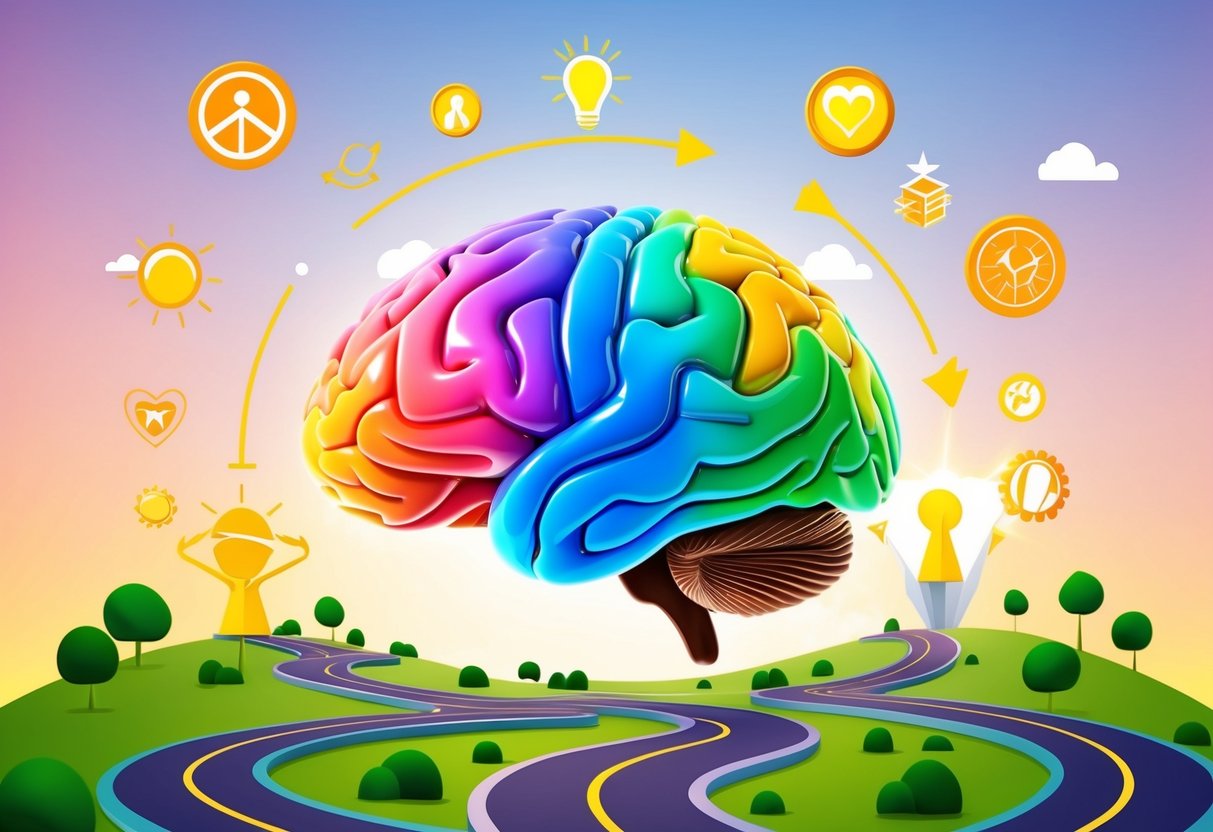A colorful brain surrounded by symbols of happiness and fulfillment, with pathways leading towards a bright and optimistic future