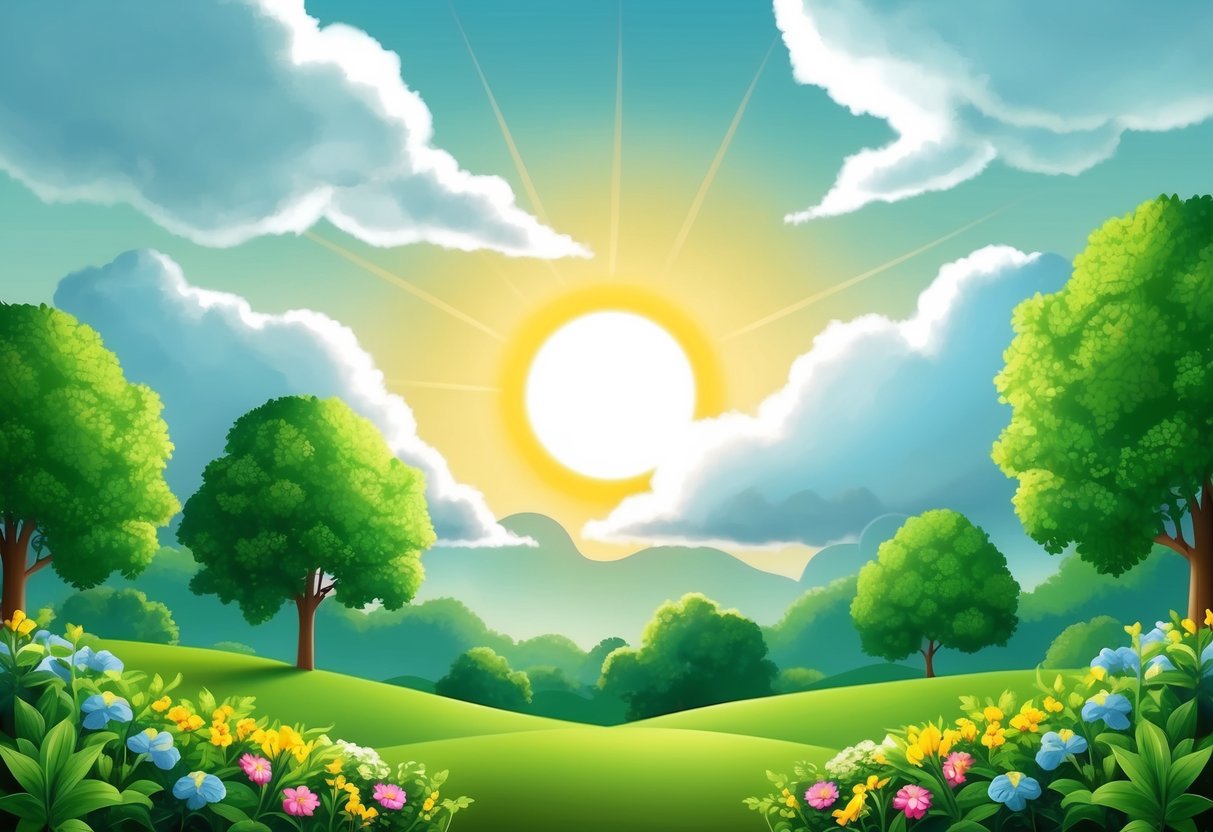 A serene landscape with a bright sun shining through fluffy clouds, surrounded by lush greenery and colorful flowers