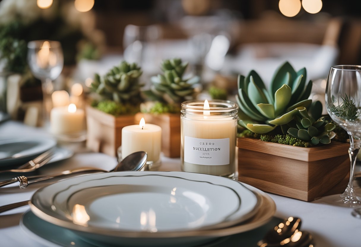 A table set with various wedding favors, including mini succulents, personalized candles, and elegant keychains