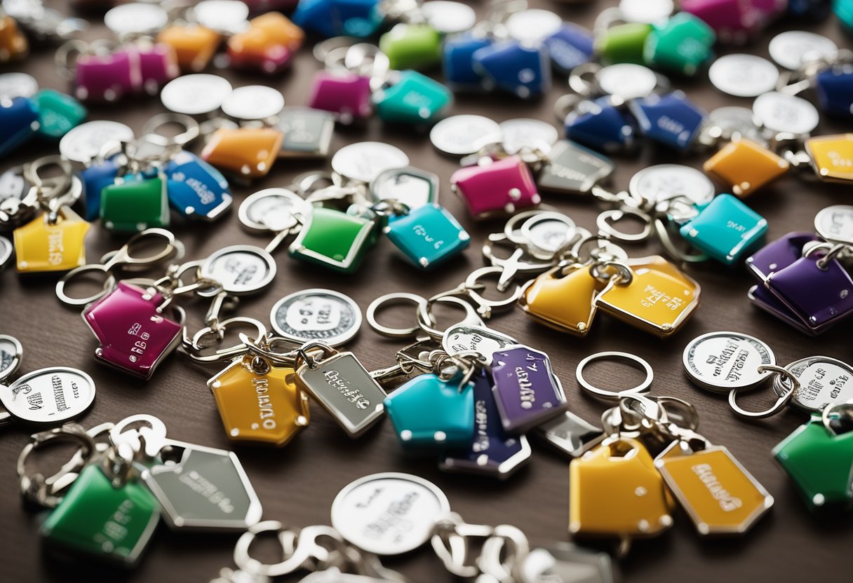 A table with 15 personalized keychains in various colors and designs, arranged as wedding gifts for guests