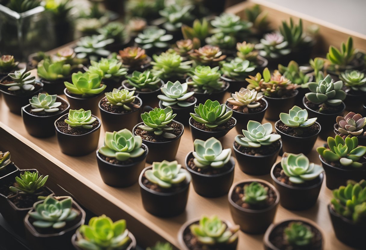 A table lined with mini succulent plants, arranged as wedding gifts for guests