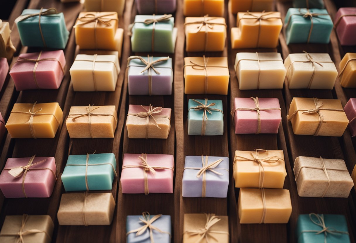 A rustic wooden display holds 15 colorful handmade soap bars, each wrapped in delicate paper. The setting is warm and inviting, with a hint of elegance perfect for wedding guest gifts