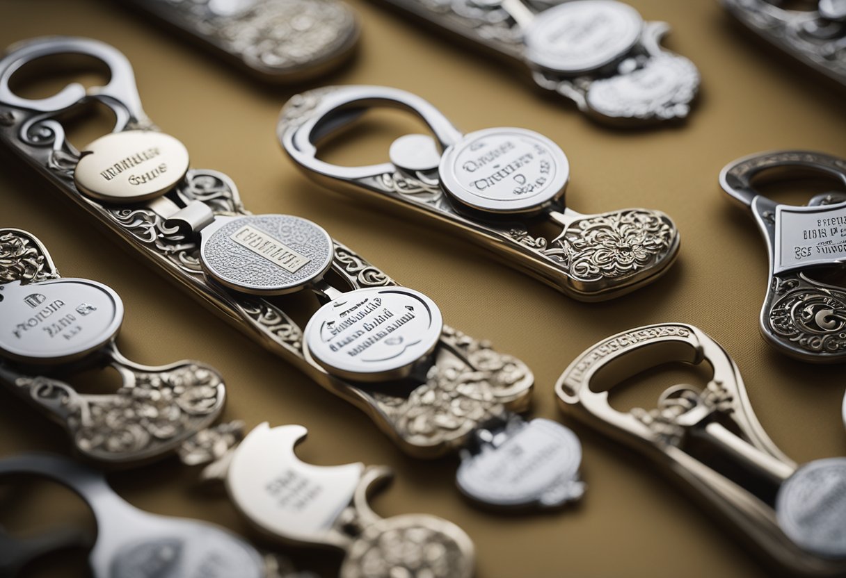 A collection of personalized bottle openers arranged on a decorative table, ready to be given as wedding gifts to guests