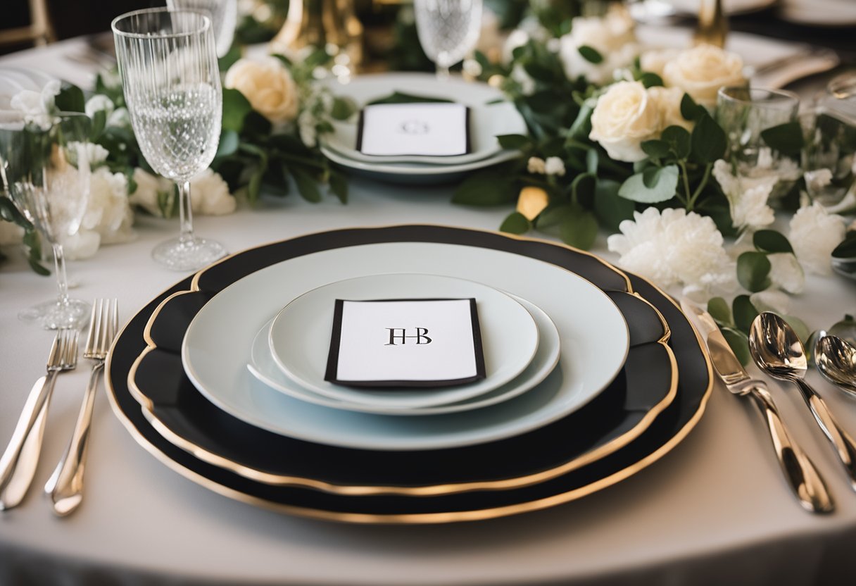 Monogrammed coasters arranged on a table with elegant place settings and floral centerpieces