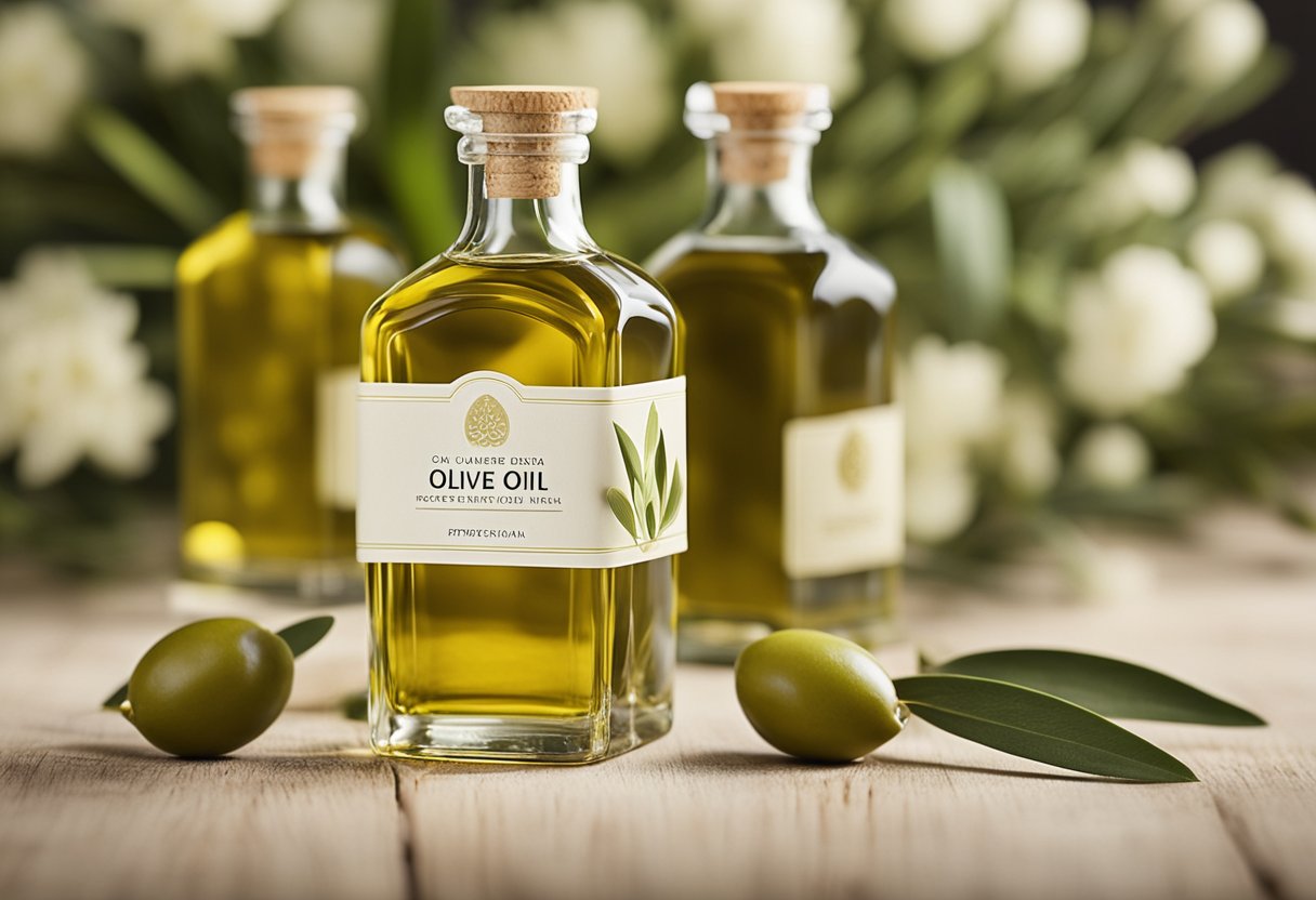 Mini bottles of olive oil arranged in a decorative display, surrounded by delicate floral accents and elegant packaging