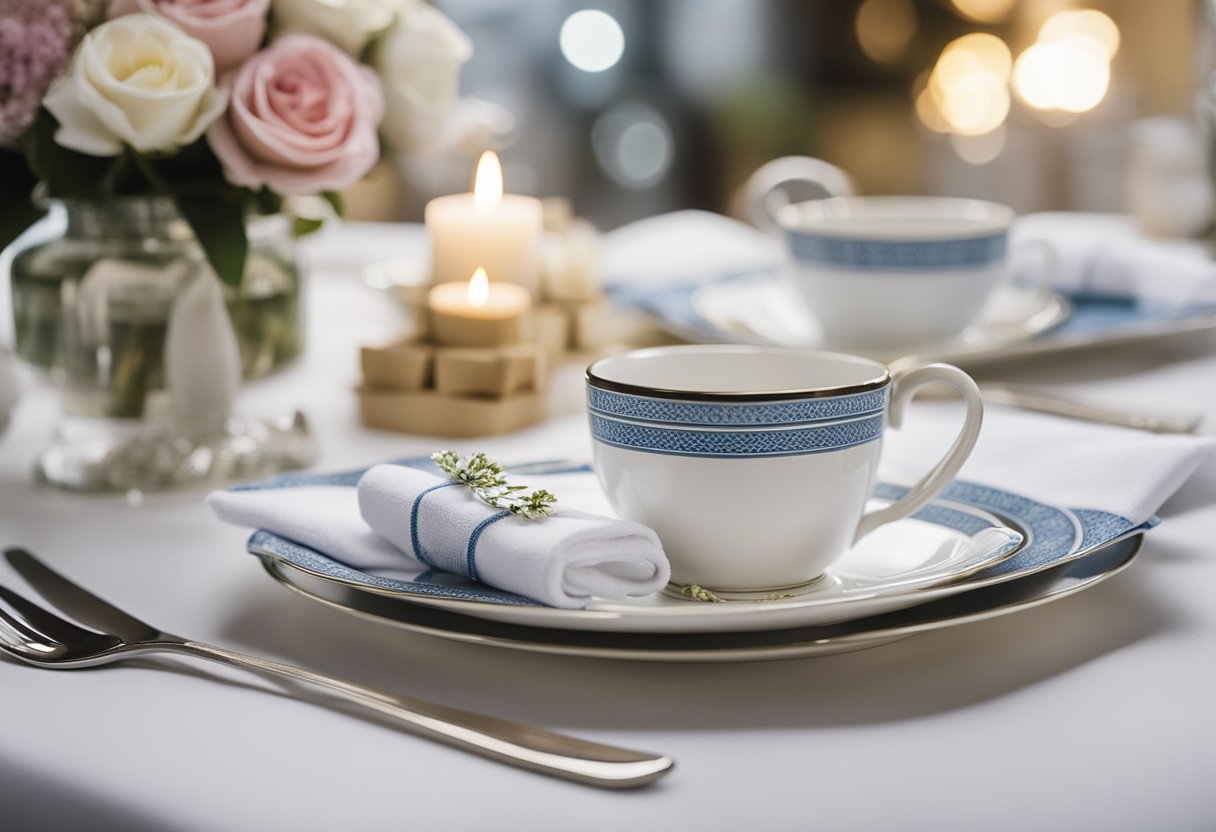 A table set with personalized tea towels, surrounded by wedding favors and decorations