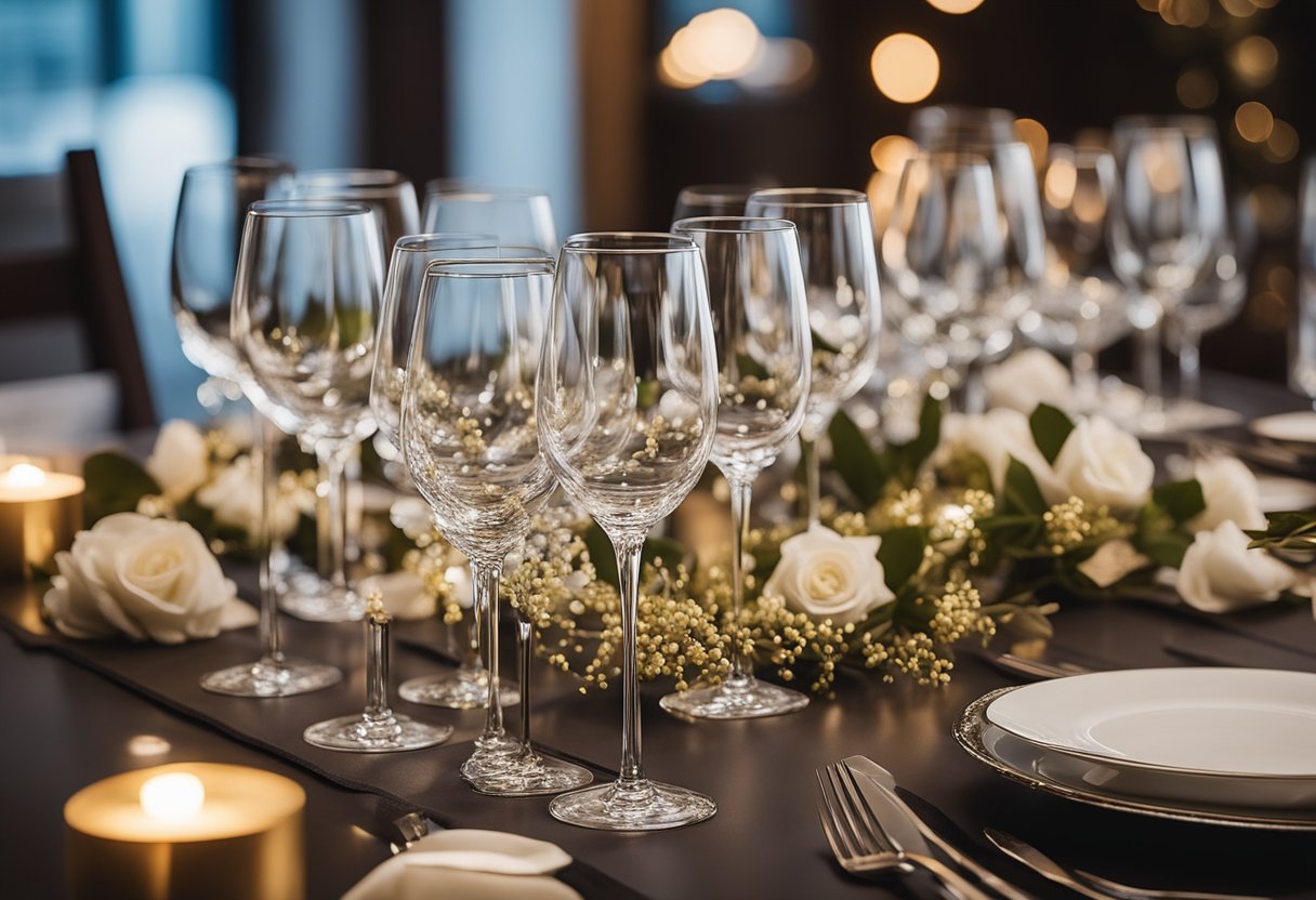 A table set with 15 engraved wine glasses, surrounded by wedding favors and decor, ready for guests to take home as gifts