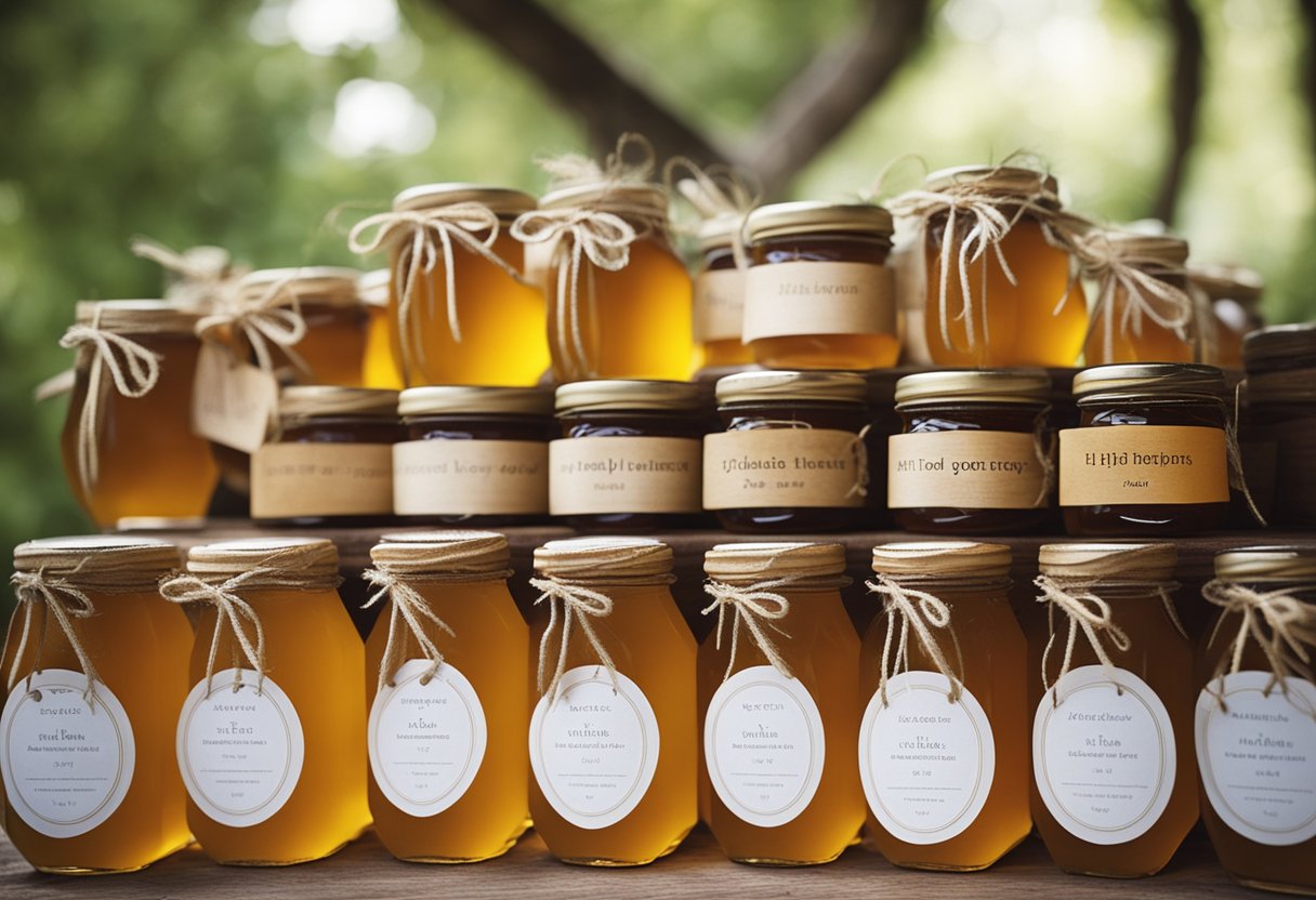 A rustic wooden table displays 15 jars of local honey, adorned with delicate ribbons and tags, ready to be given as wedding gifts to guests