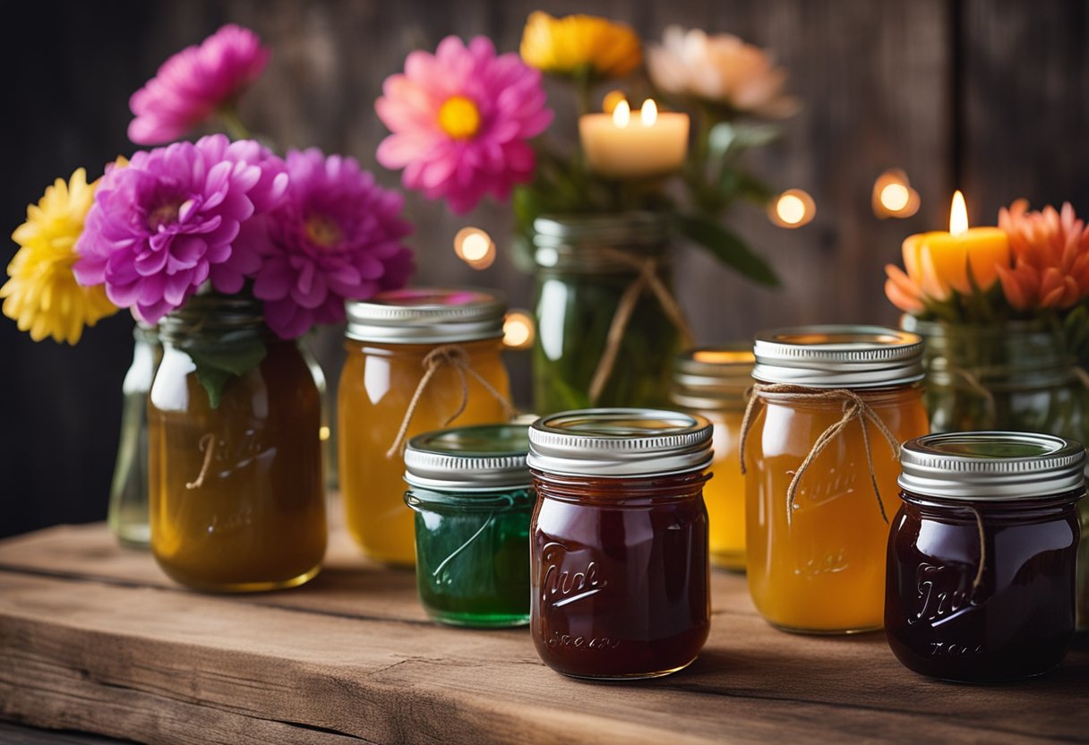 A rustic wooden table adorned with rows of colorful artisan jam jars, surrounded by delicate floral arrangements and twinkling tea lights