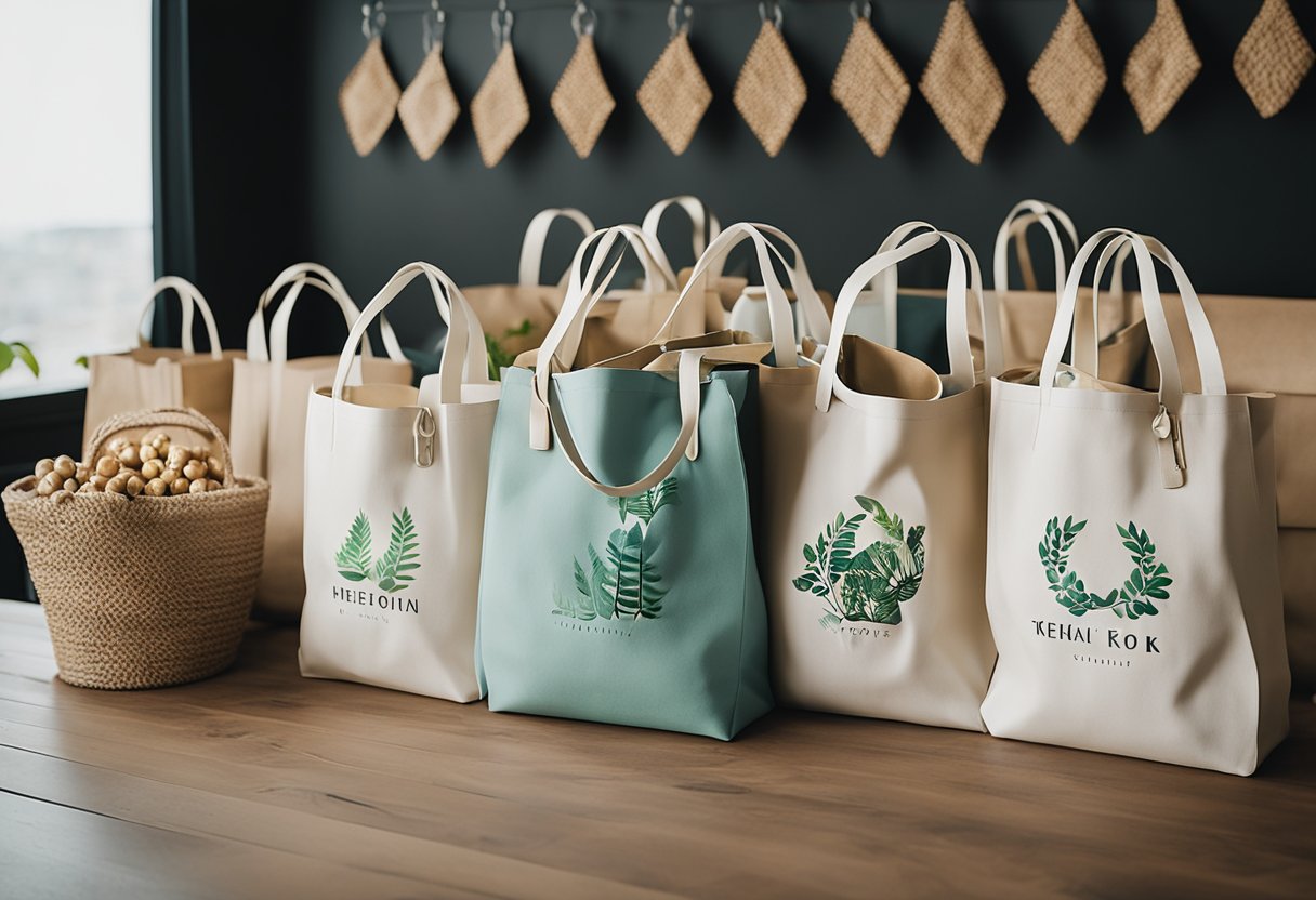 A group of eco-friendly tote bags arranged in a decorative display, surrounded by various wedding-themed gifts and trinkets