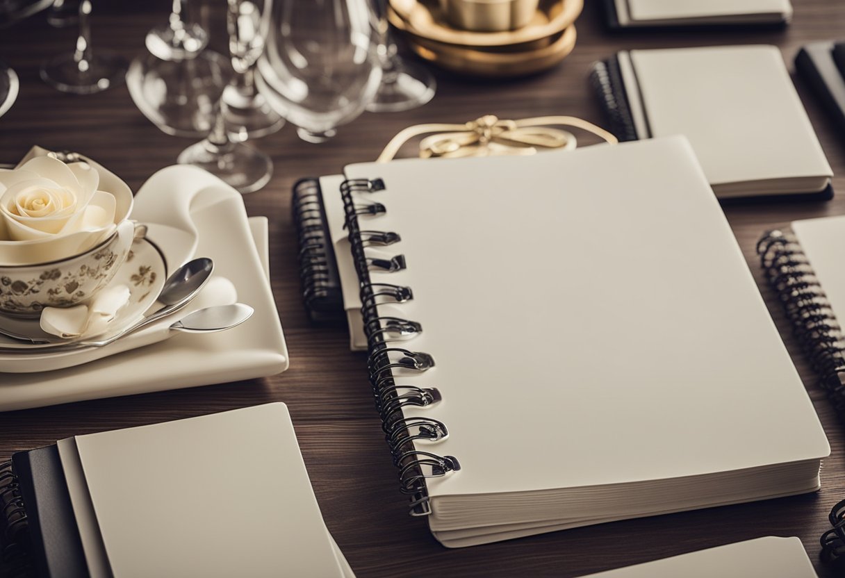 A table with 15 personalized notebooks, each with a unique design, arranged neatly as potential wedding gifts for guests