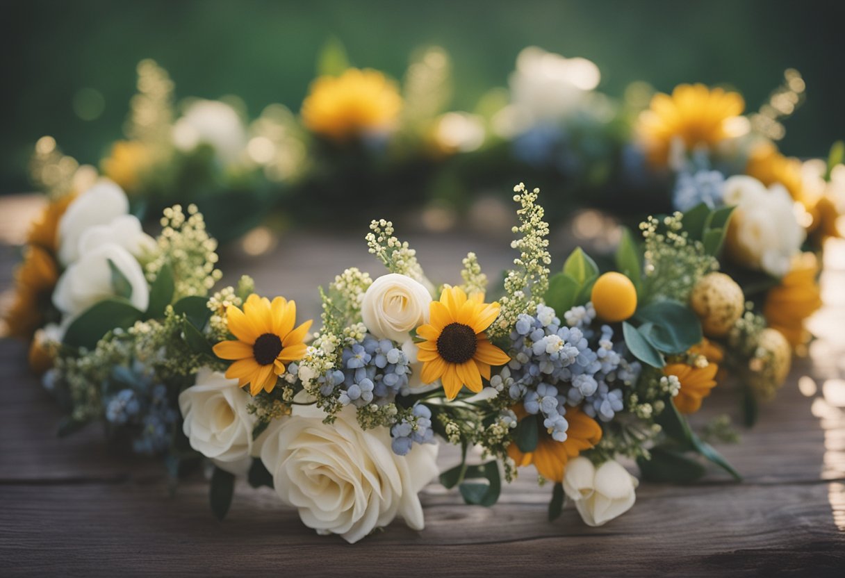 A rustic floral crown adorns a loose, bohemian wedding hairstyle