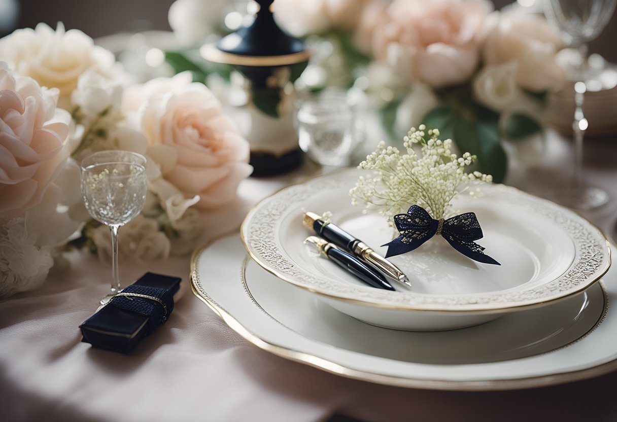 A table set with elegant floral arrangements, vintage lace, and delicate ribbon, surrounded by scattered calligraphy pens and ink