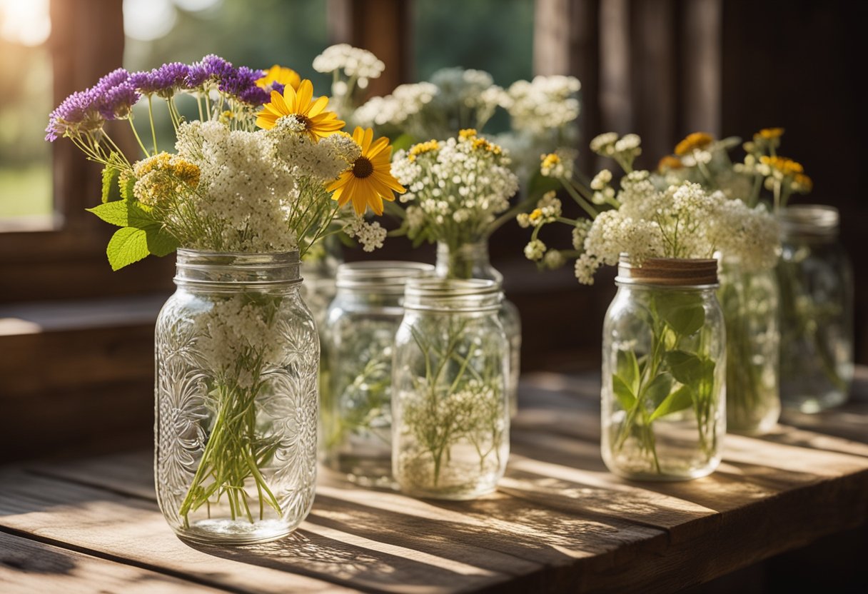 A wooden table adorned with wildflowers, lace, and vintage mason jars. Sunlight filters through a barn window, casting a warm glow on the rustic wedding invitations