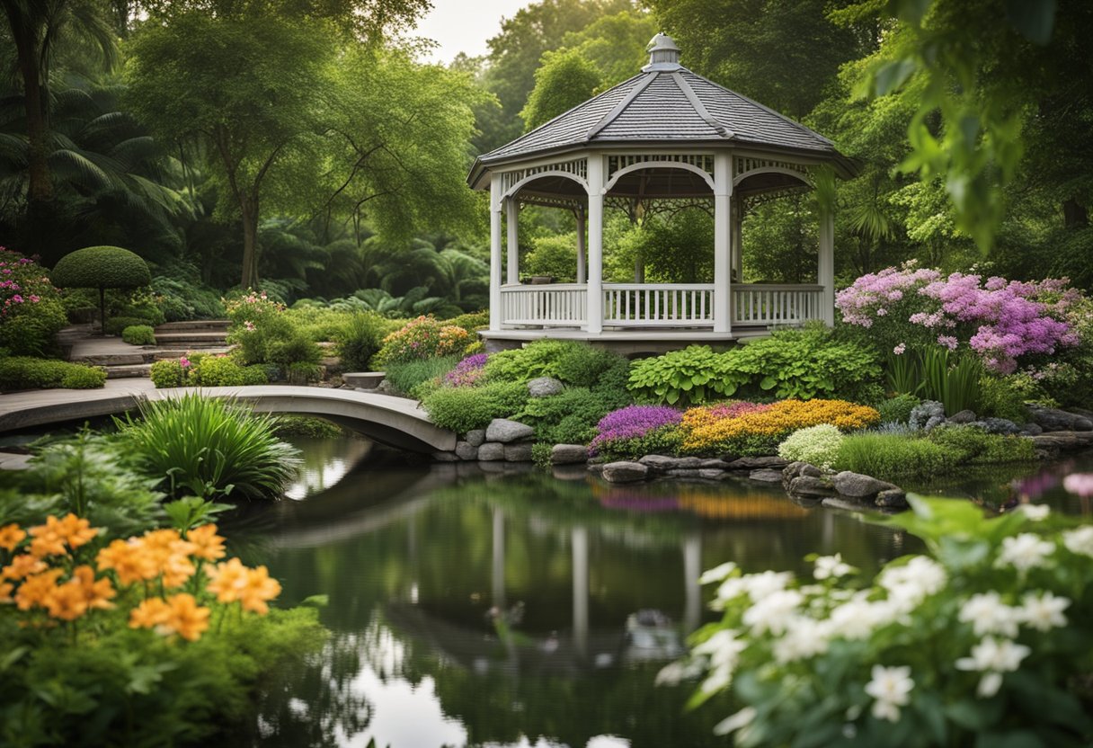 A lush botanical garden with colorful flowers, green foliage, and a serene pond. A gazebo adorned with twinkle lights and a cascading waterfall in the background