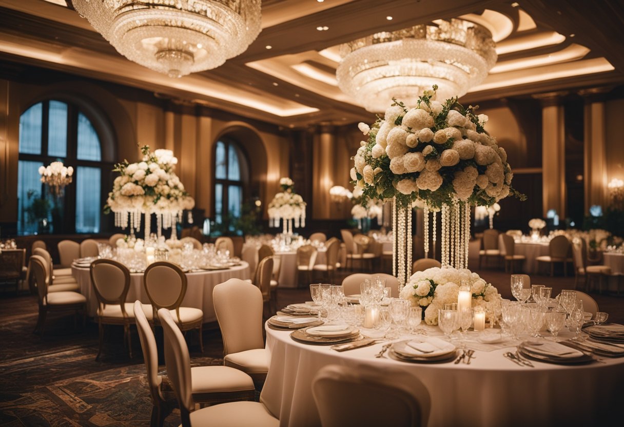 A luxurious ballroom filled with art deco details and elegant floral arrangements, with a grand chandelier as the centerpiece