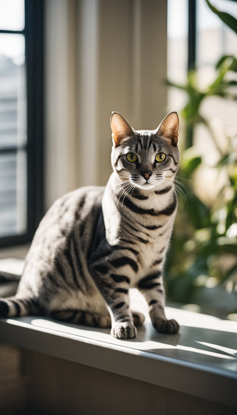 An Egyptian Mau cat with short hair lounging in a sunlit room, gazing out a window at birds